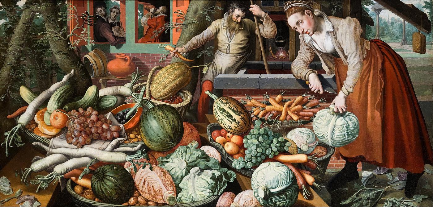 Pieter Aertsen, Market Scene, a vendor's stall piled with produce