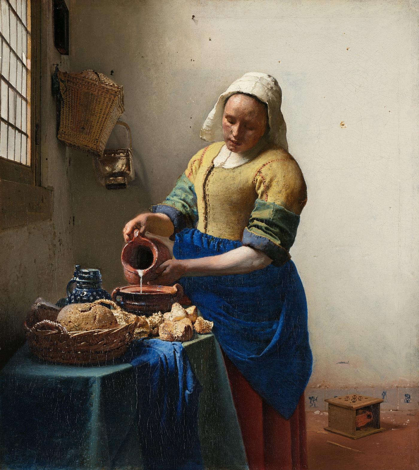 Johannes Vermeer, The Milkmaid, pouring milk in a kitchen