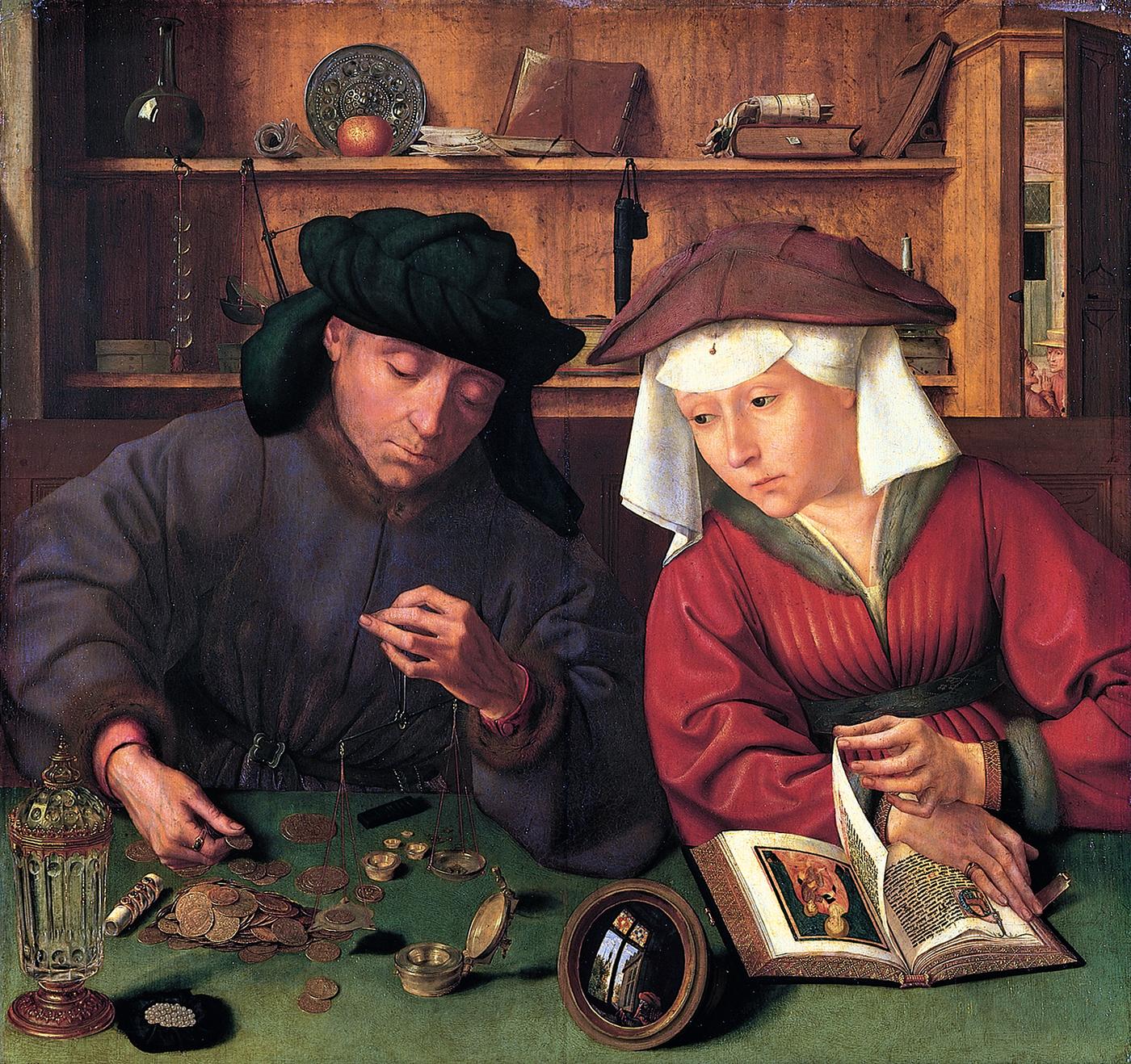 Quentin Massys, The Moneylender and His Wife, weighing coins at a table