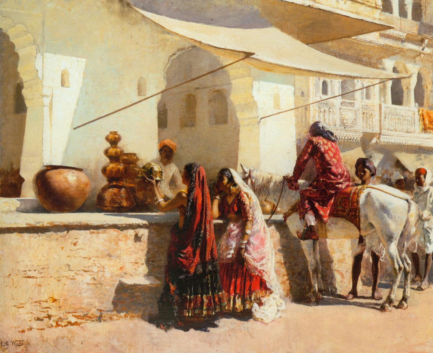 Edwin Lord Weeks, A Street Market Scene, India, shoppers at a vendor's wall